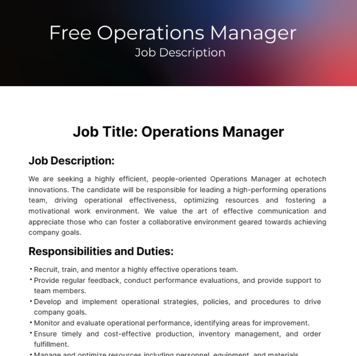 Operations Manager Job Description Template