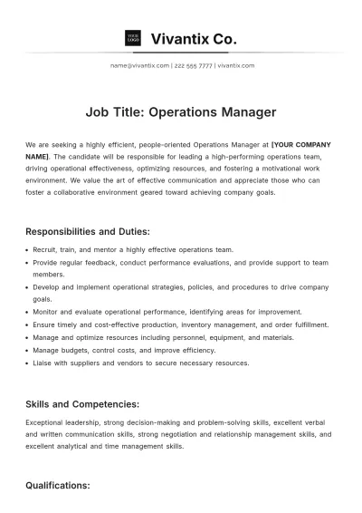 Free Operations Manager Job Description Template to Edit Online