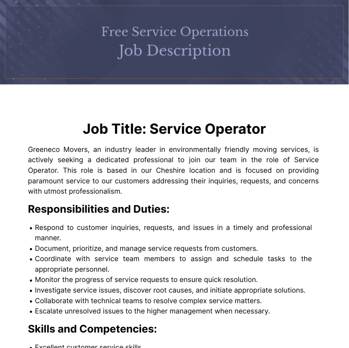Free Service Operations Job Description Template
