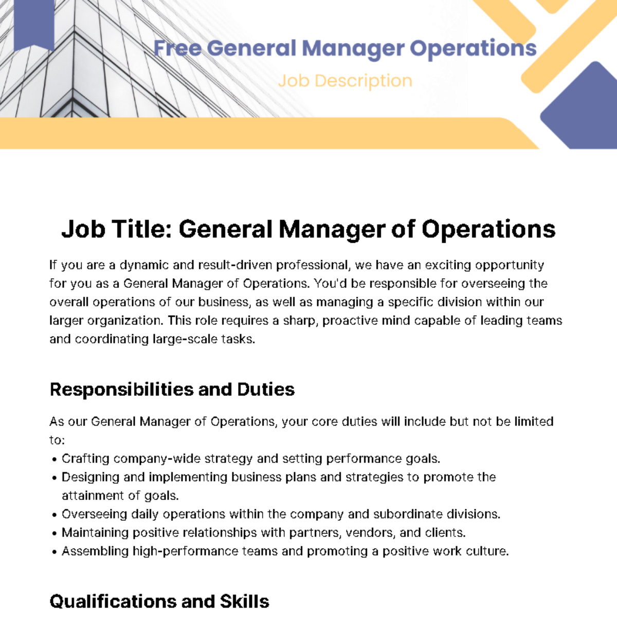 General Manager Operations Job Description Template