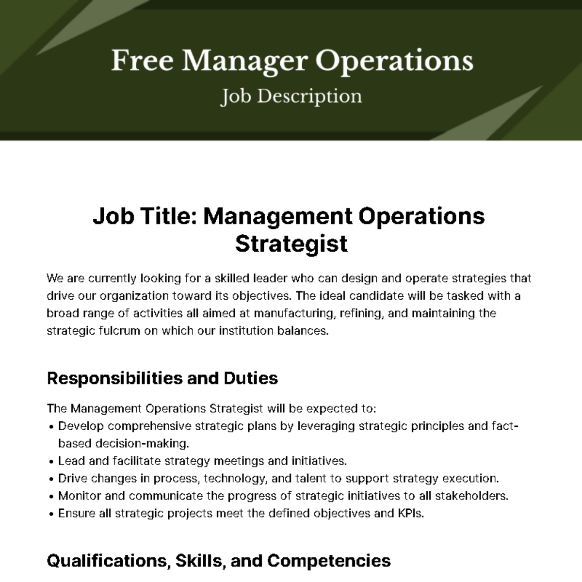 Management Operations Job Description Template