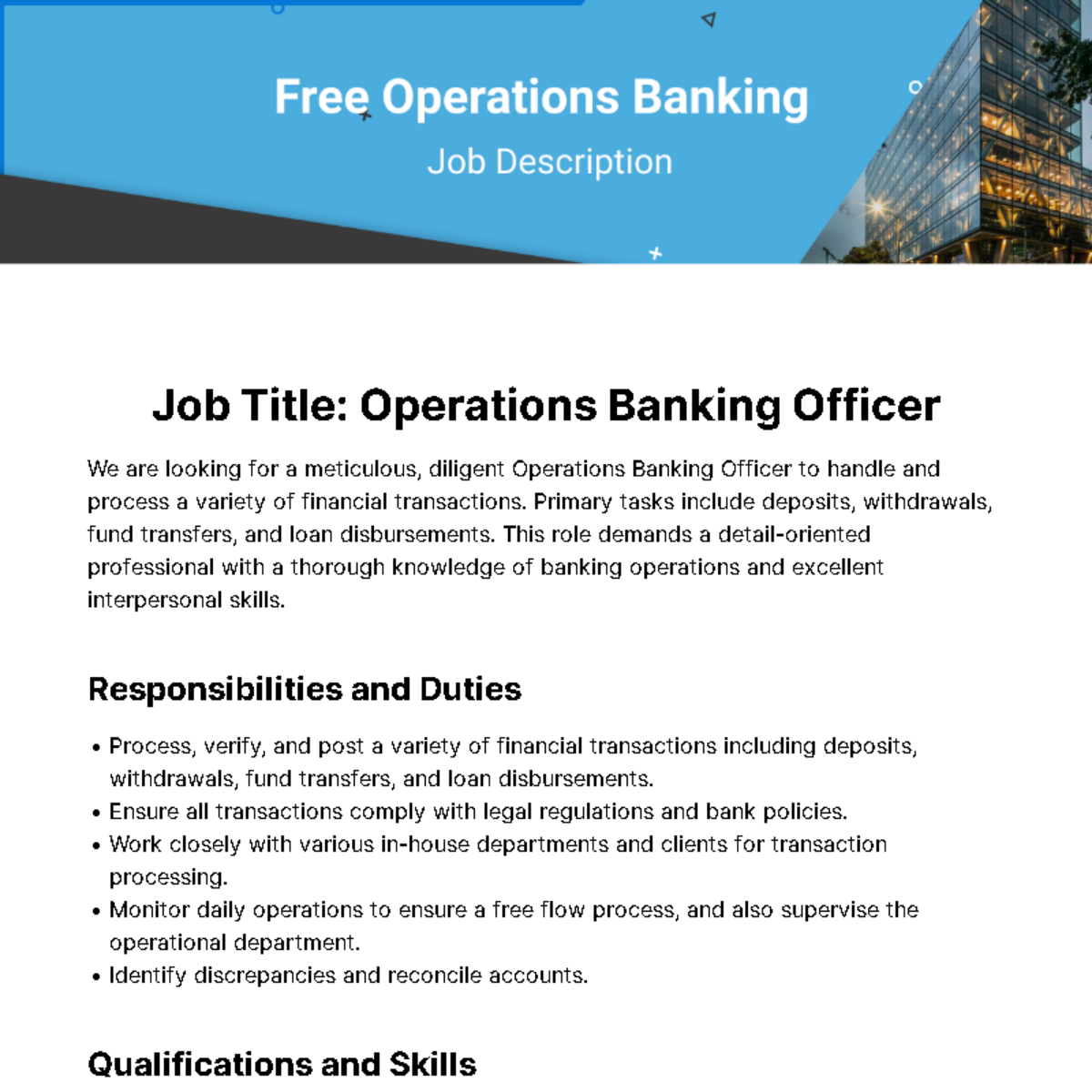 Operations Banking Job Description Template