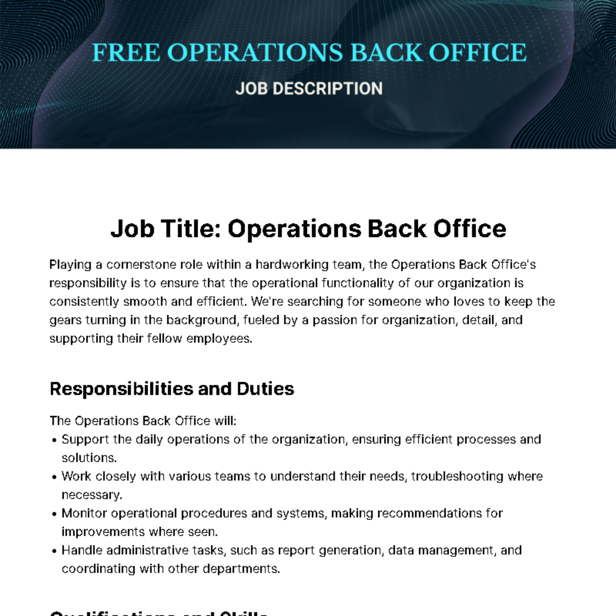 Operations Back Office Job Description Template