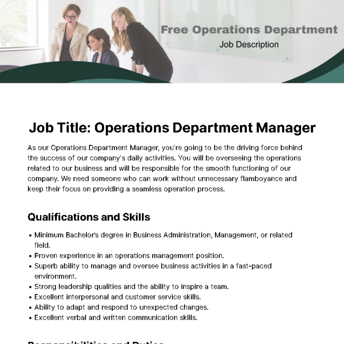 Operations Department Job Description Template