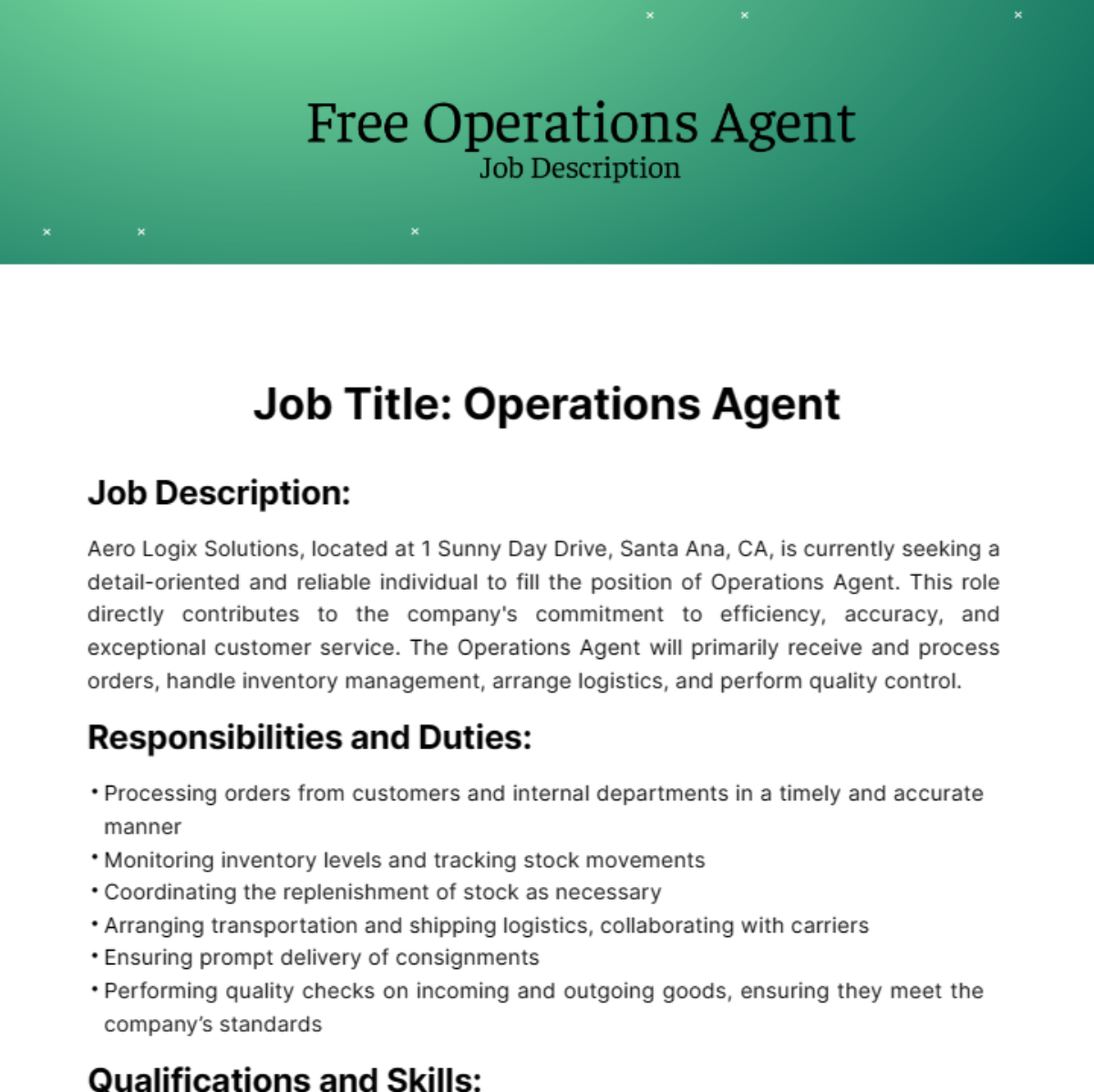 Operations Agent Job Description Template