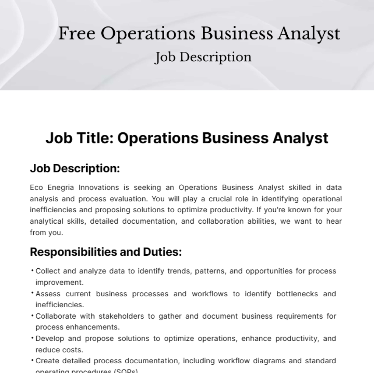 Operations Business Analyst Job Description Template