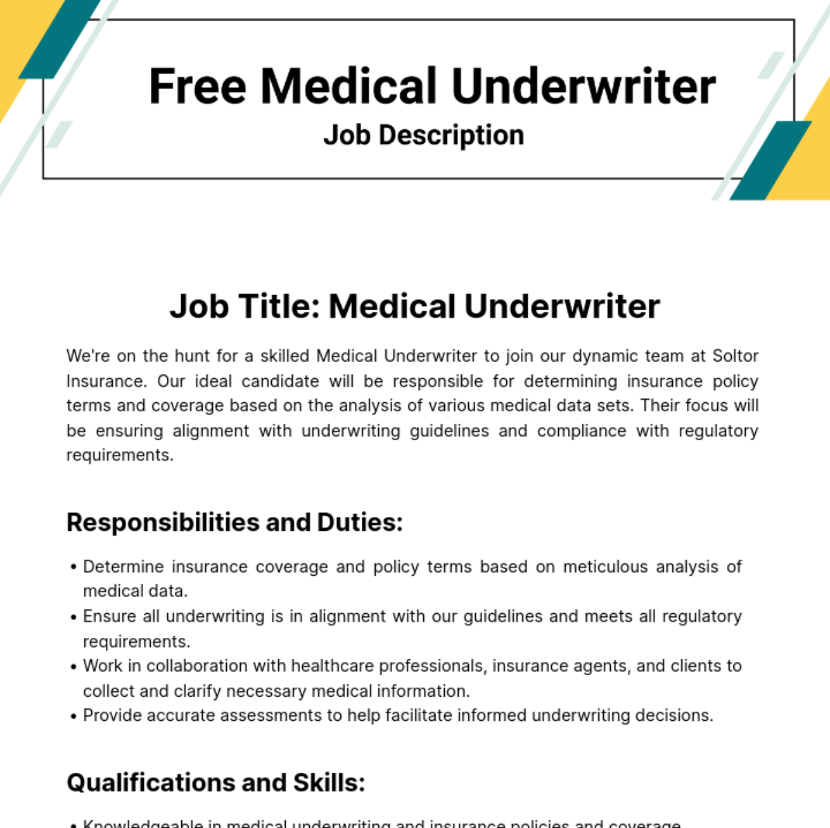 Medical Underwriter Job Description Template
