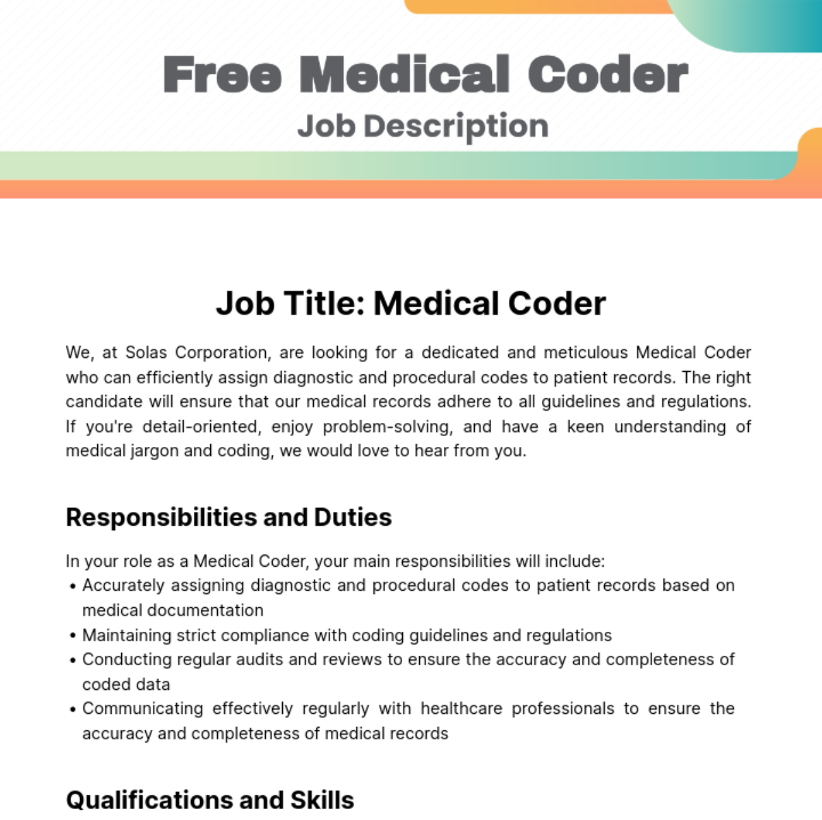 Free Medical Coder Job Description Template To Edit Online
