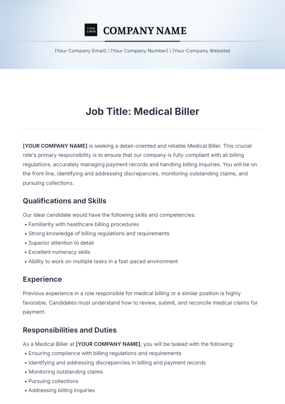 Medical Biller Job Description Template Edit Online And Download Example 9884