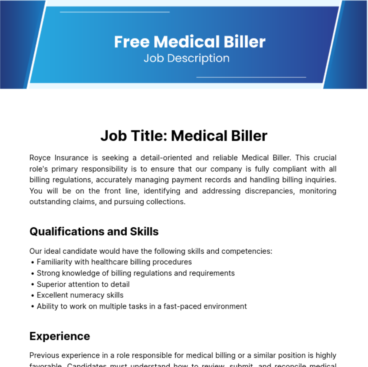 Medical Biller Job Description Template