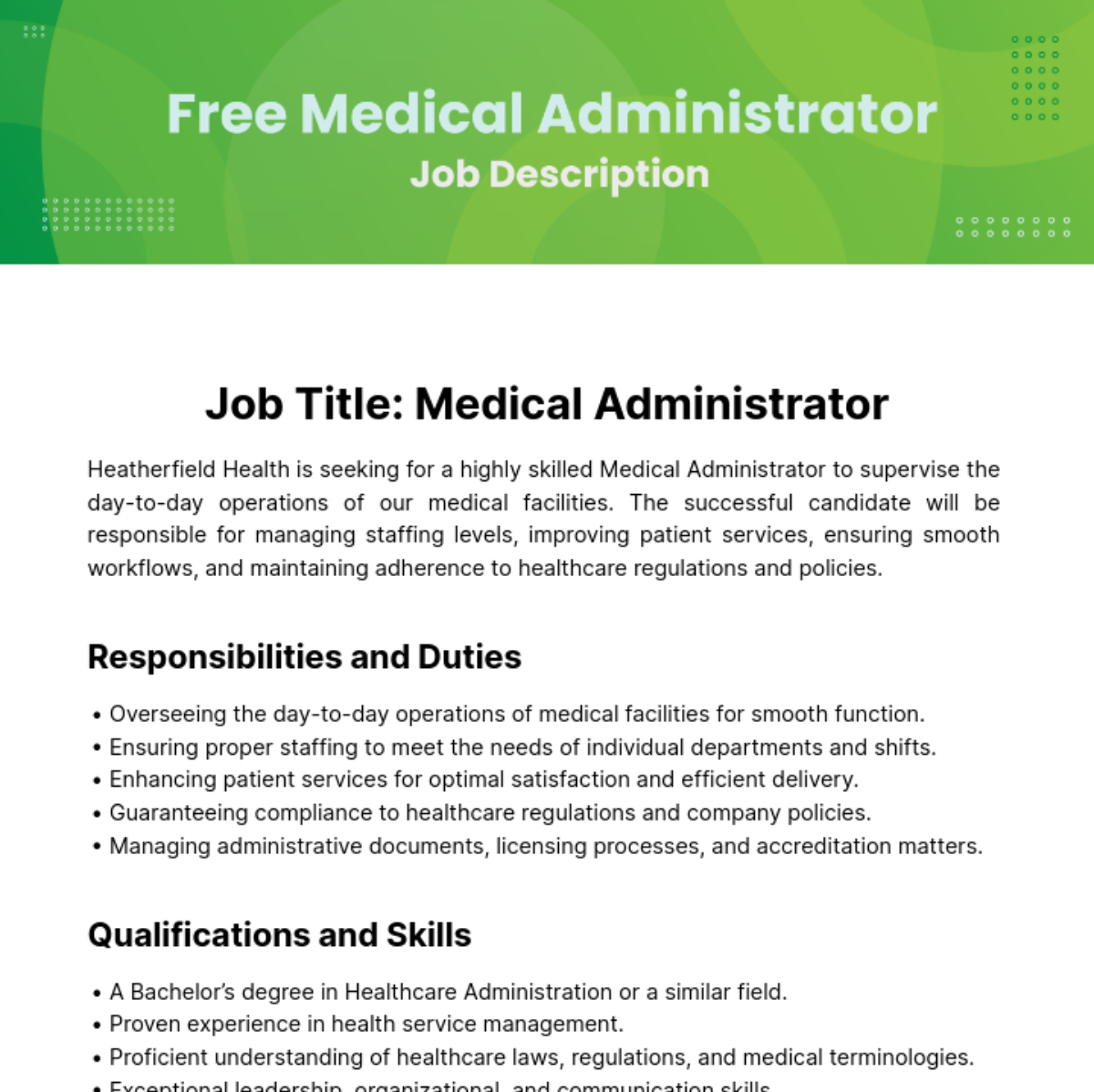 Medical Administrator Job Description Template