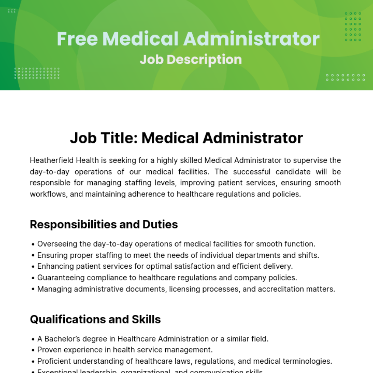 Free Medical Administrator Job Description Template To Edit Online