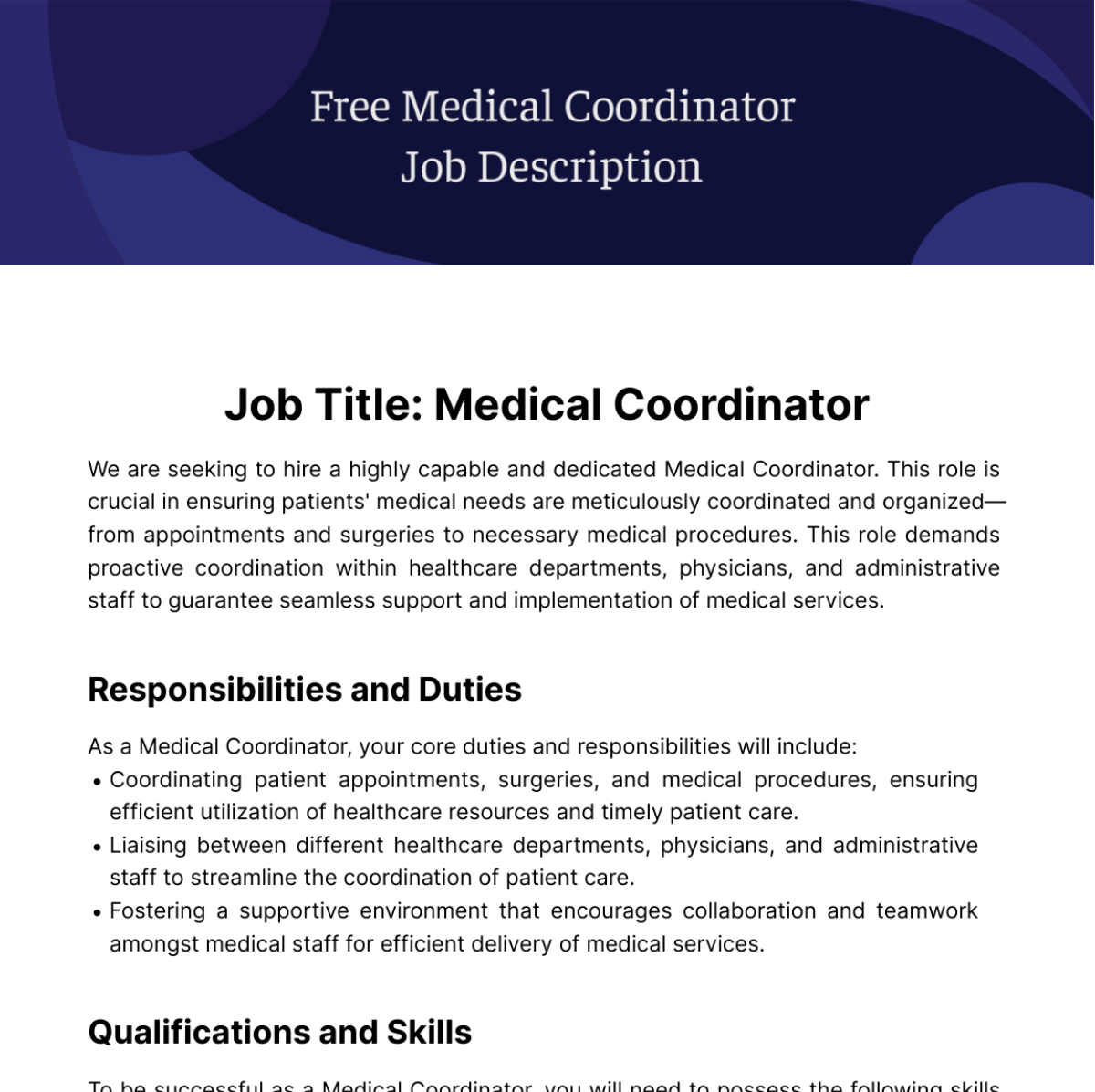 Free Medical Coordinator Job Description Template