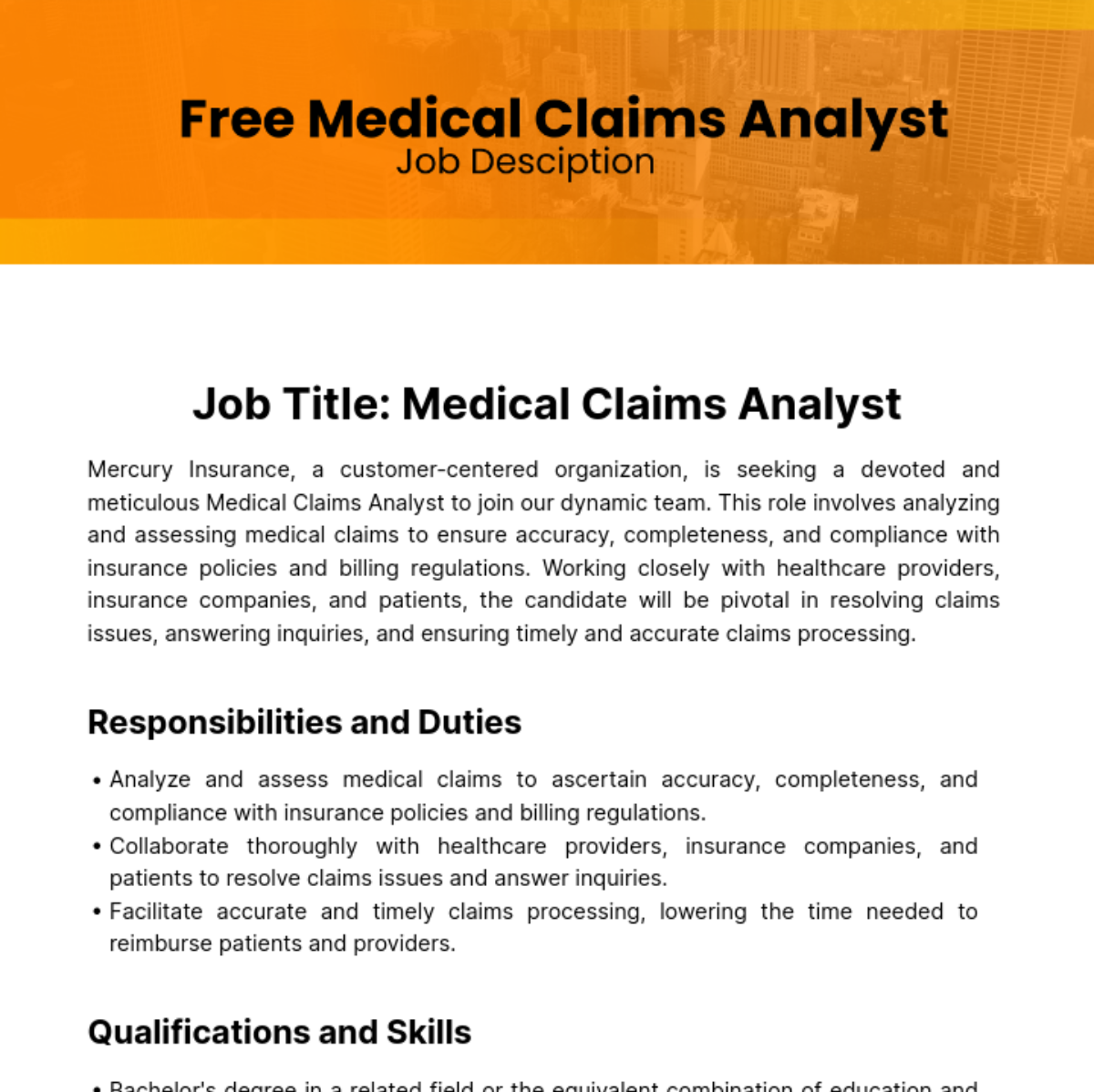 Medical Claims Analyst Job Description Template