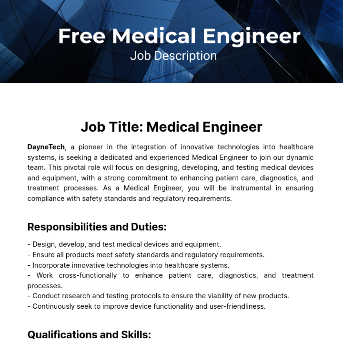 Medical Engineer Job Description Template