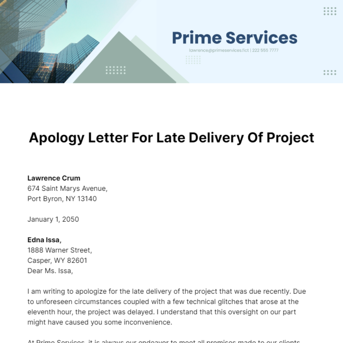 Apology Letter for Late Delivery of Project Template
