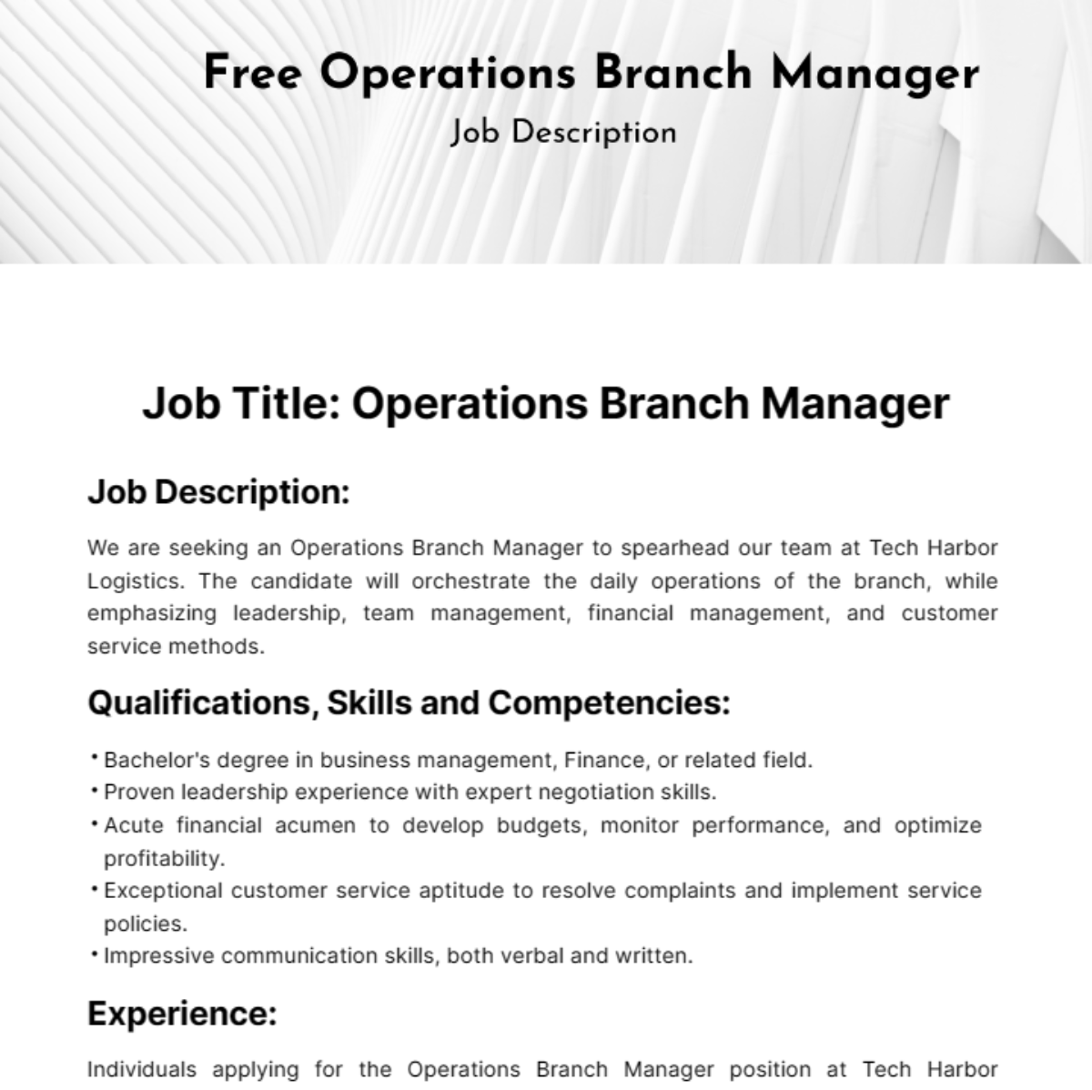 Operations Branch Manager Job Description Template