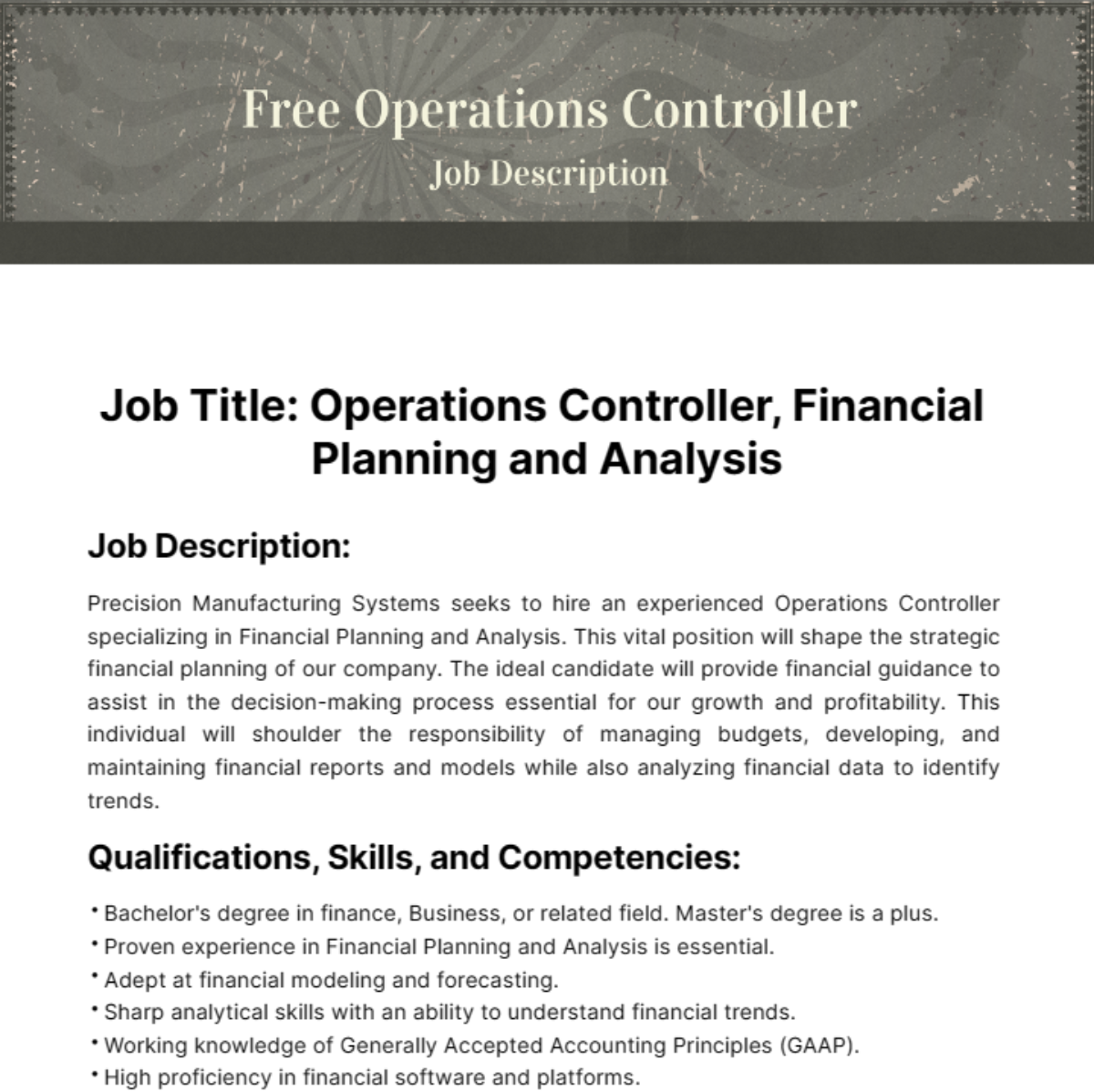 Operations Controller Job Description Template
