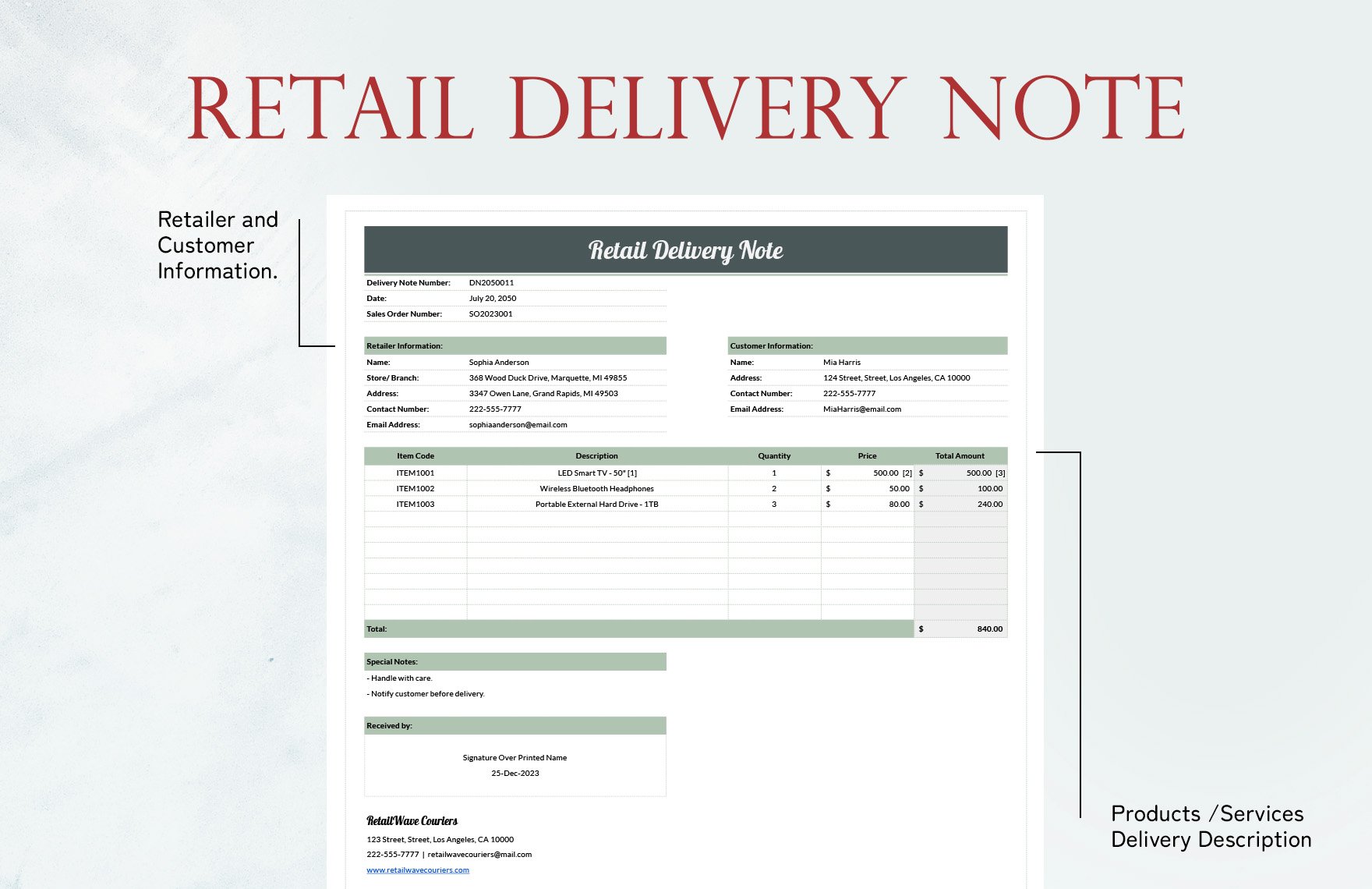 Retail Delivery Note Template