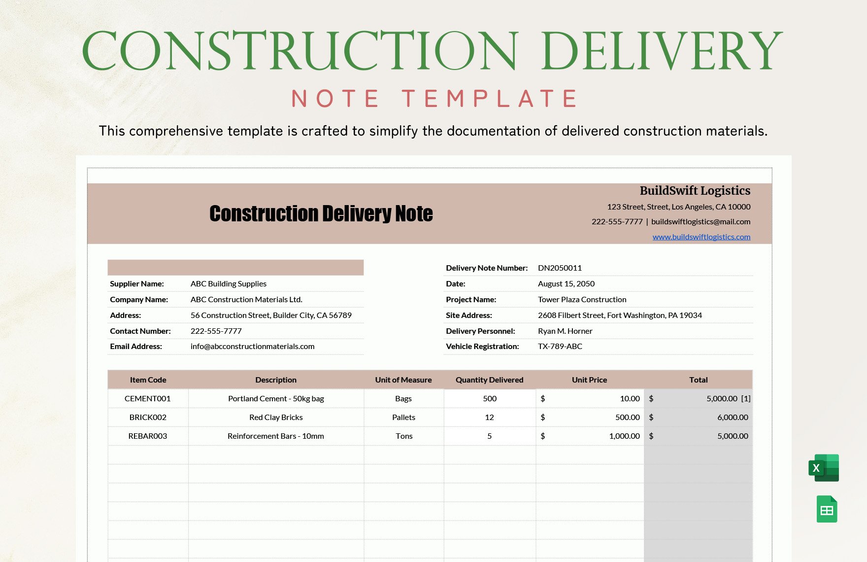 Construction Delivery Note Template