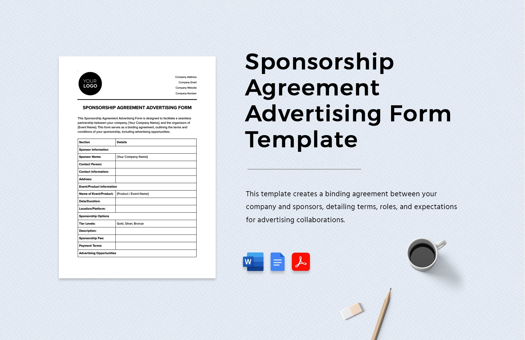 Sponsorship Agreement Advertising Form Template in Word, Google Docs, PDF
