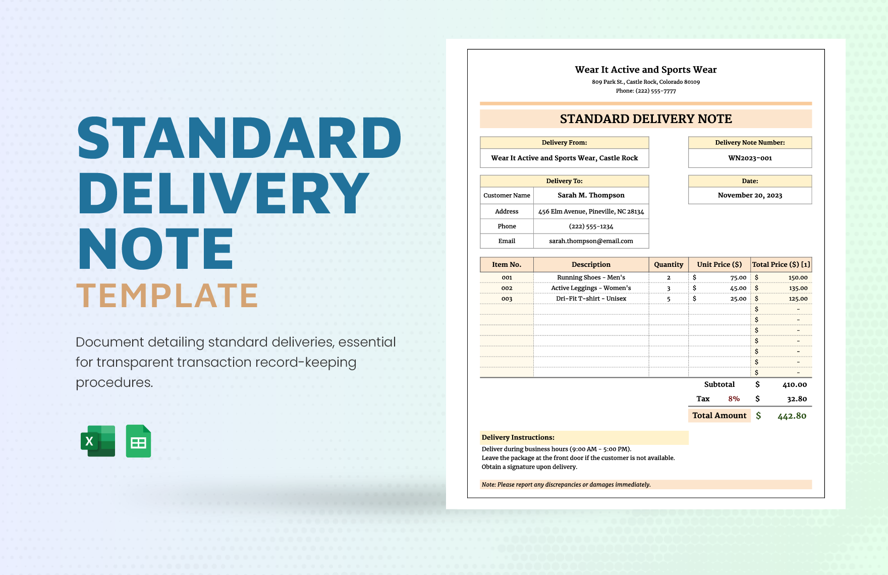 Free Standard Delivery Note Template in Excel, Google Sheets