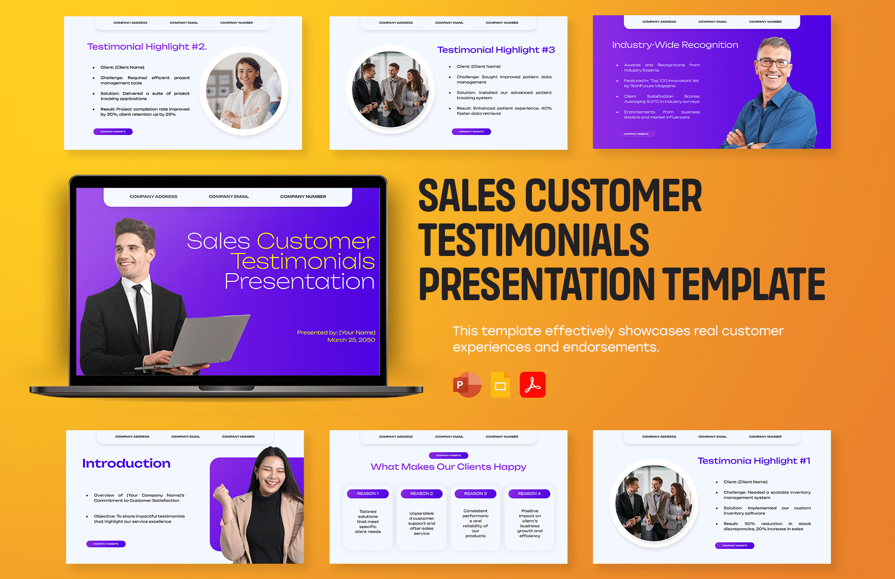 Sales Customer Testimonials Presentation Template in PDF, PowerPoint, Google Slides