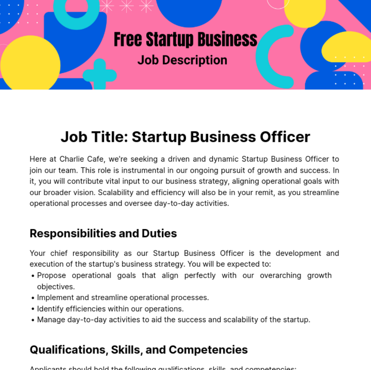 Startup Business Job Description Template