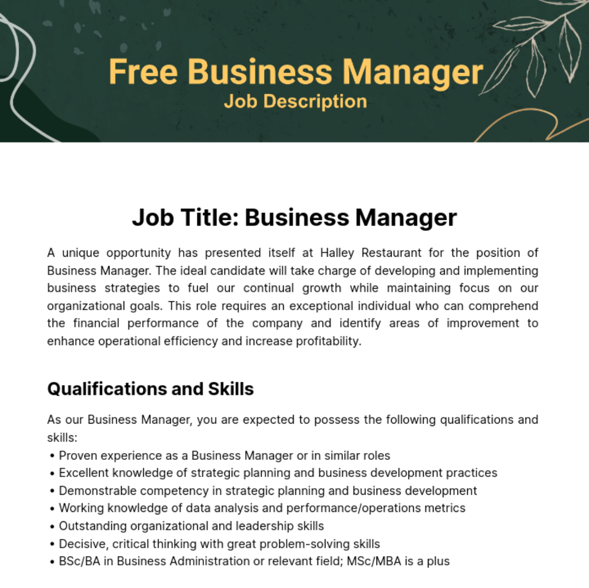 Business Manager Job Description Template