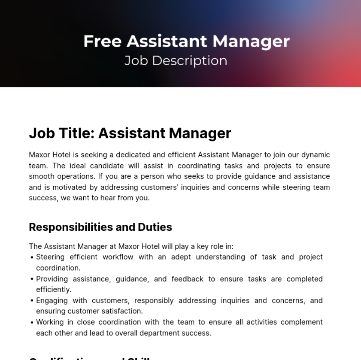 Assistant Manager Job Description Template