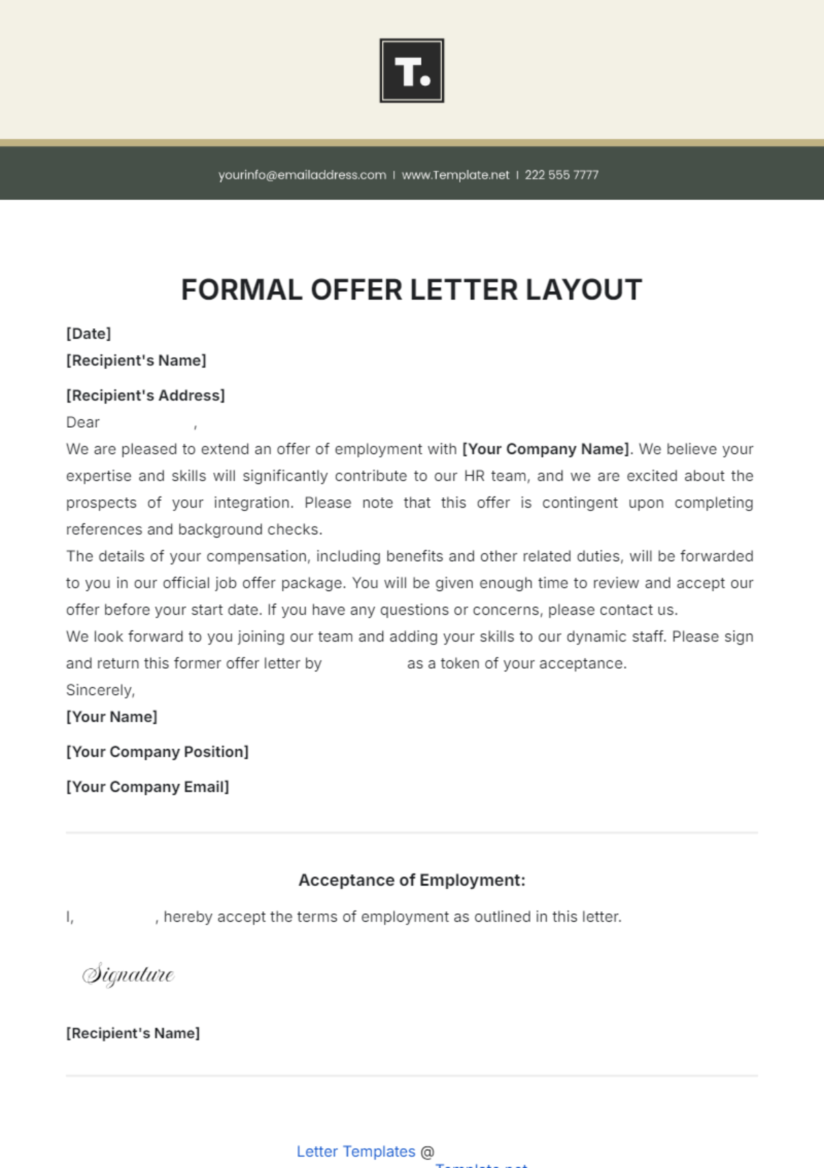 Formal Offer Letter Layout Template - Edit Online & Download