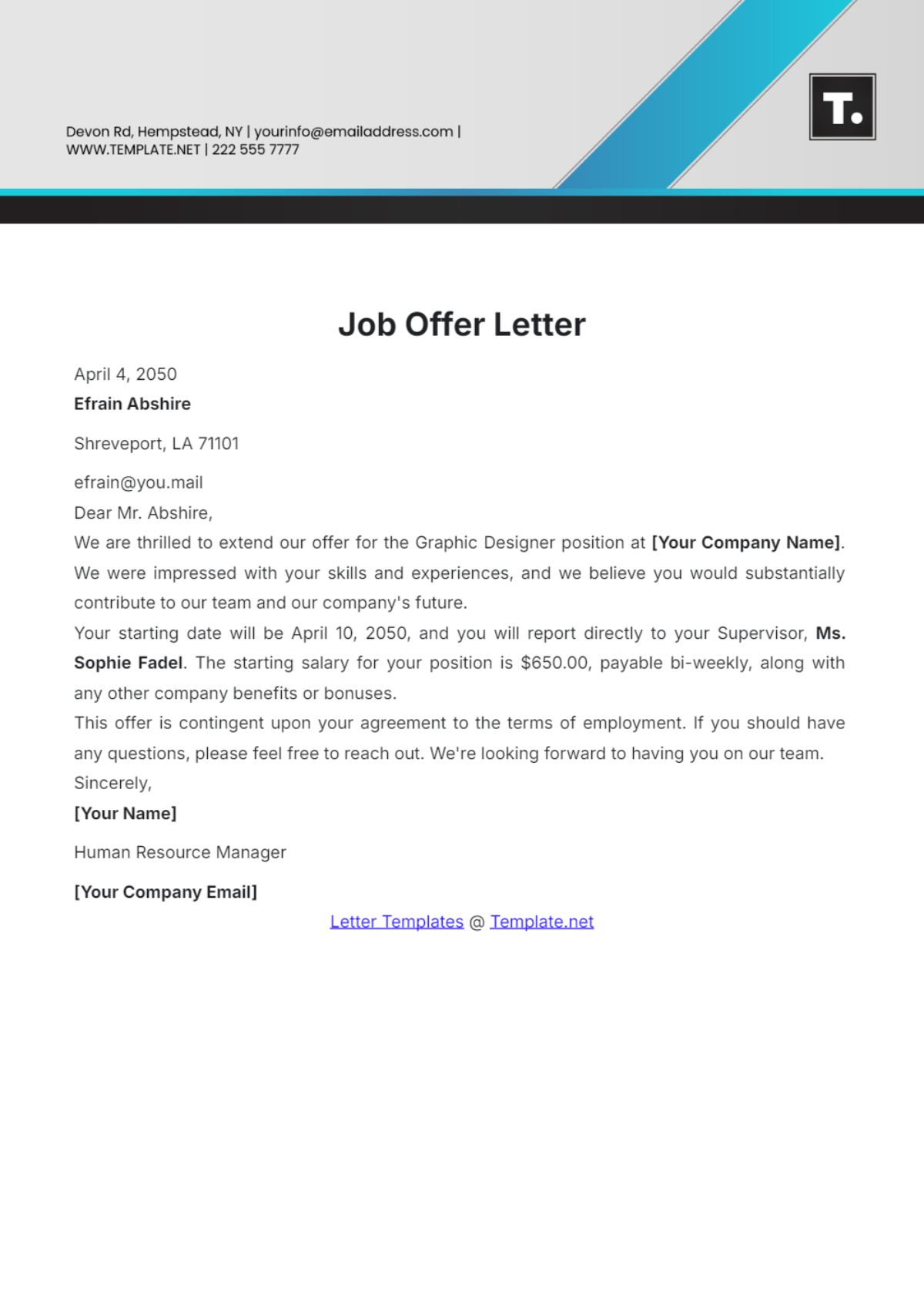 Job Offer Letter Template - Edit Online & Download