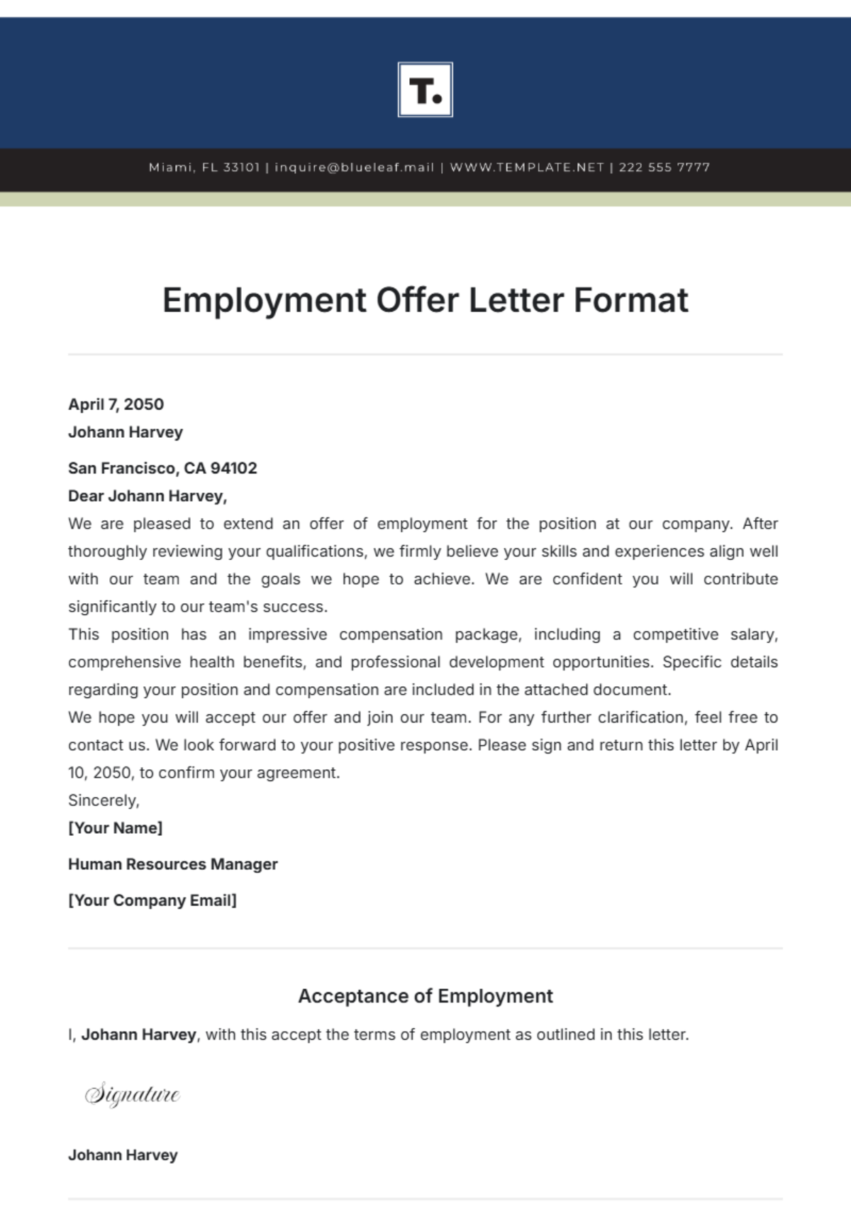 Employment Offer Letter Format Template - Edit Online & Download