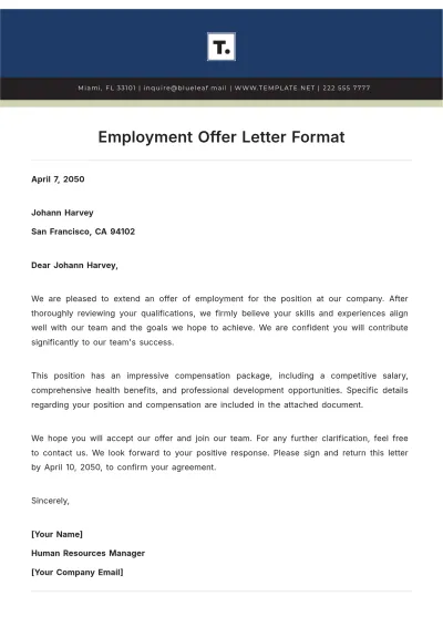 Free Employment Offer Letter Format Template to Edit Online
