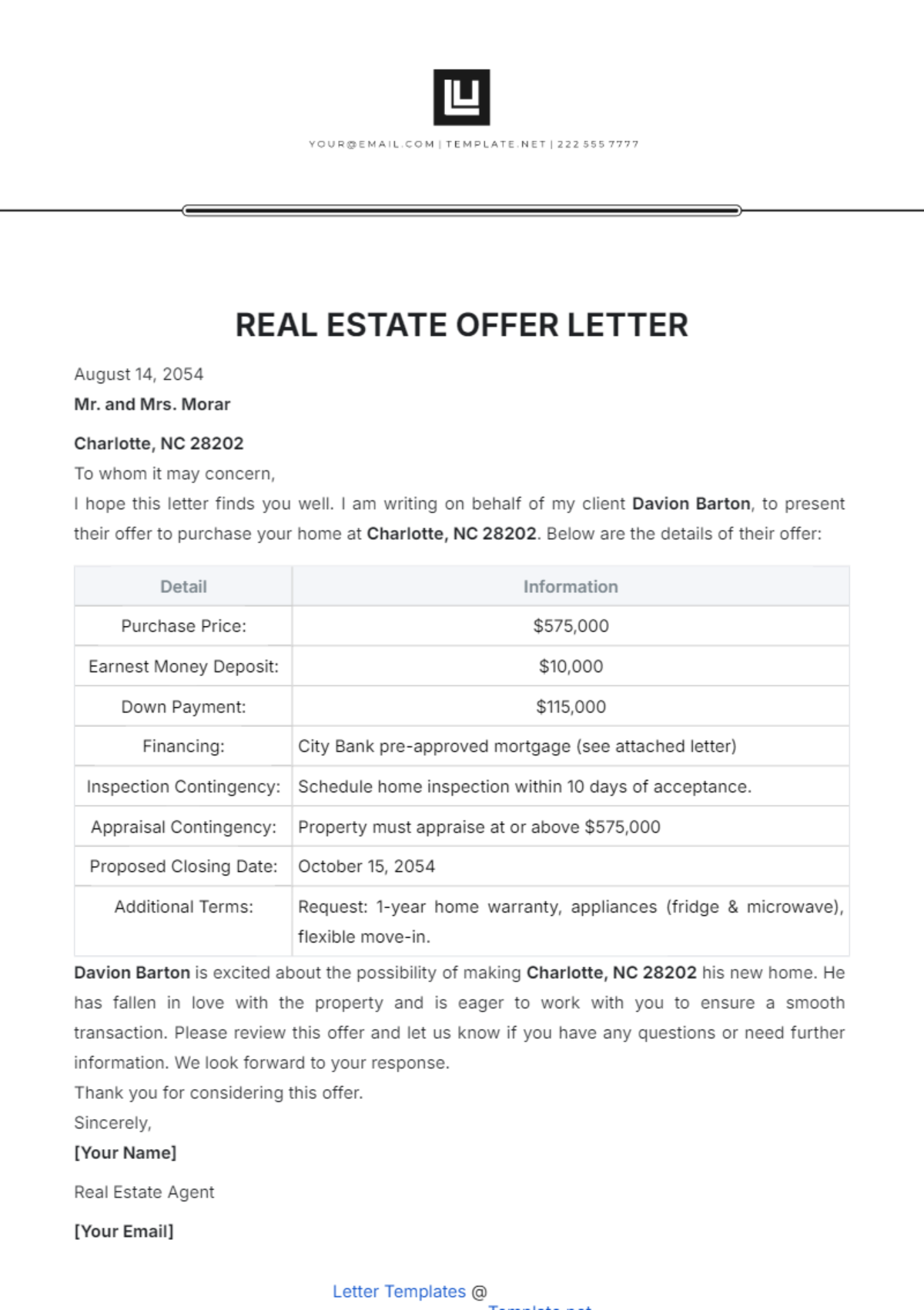 Real Estate Offer Letter Template - Edit Online & Download