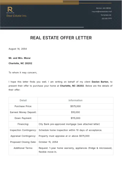 Free Real Estate Offer Letter Template to Edit Online