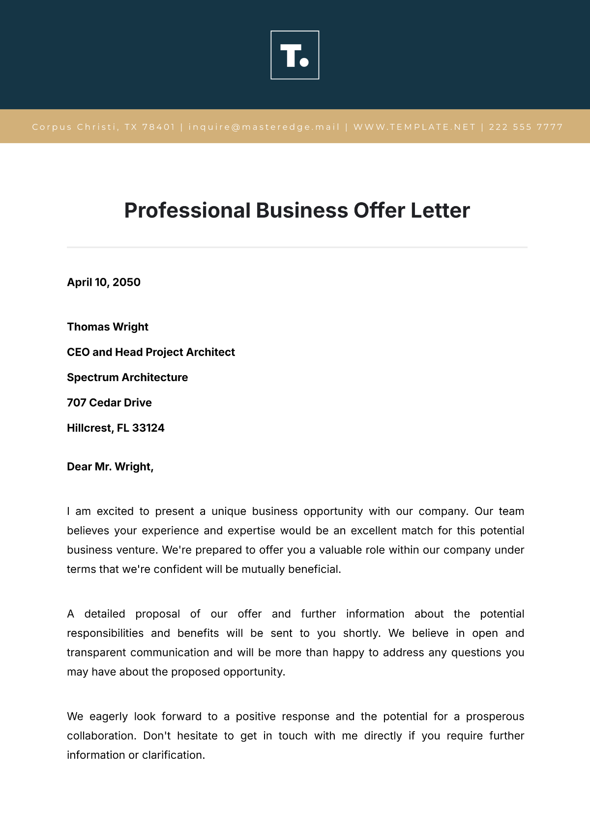 Free Professional Business Offer Letter Template