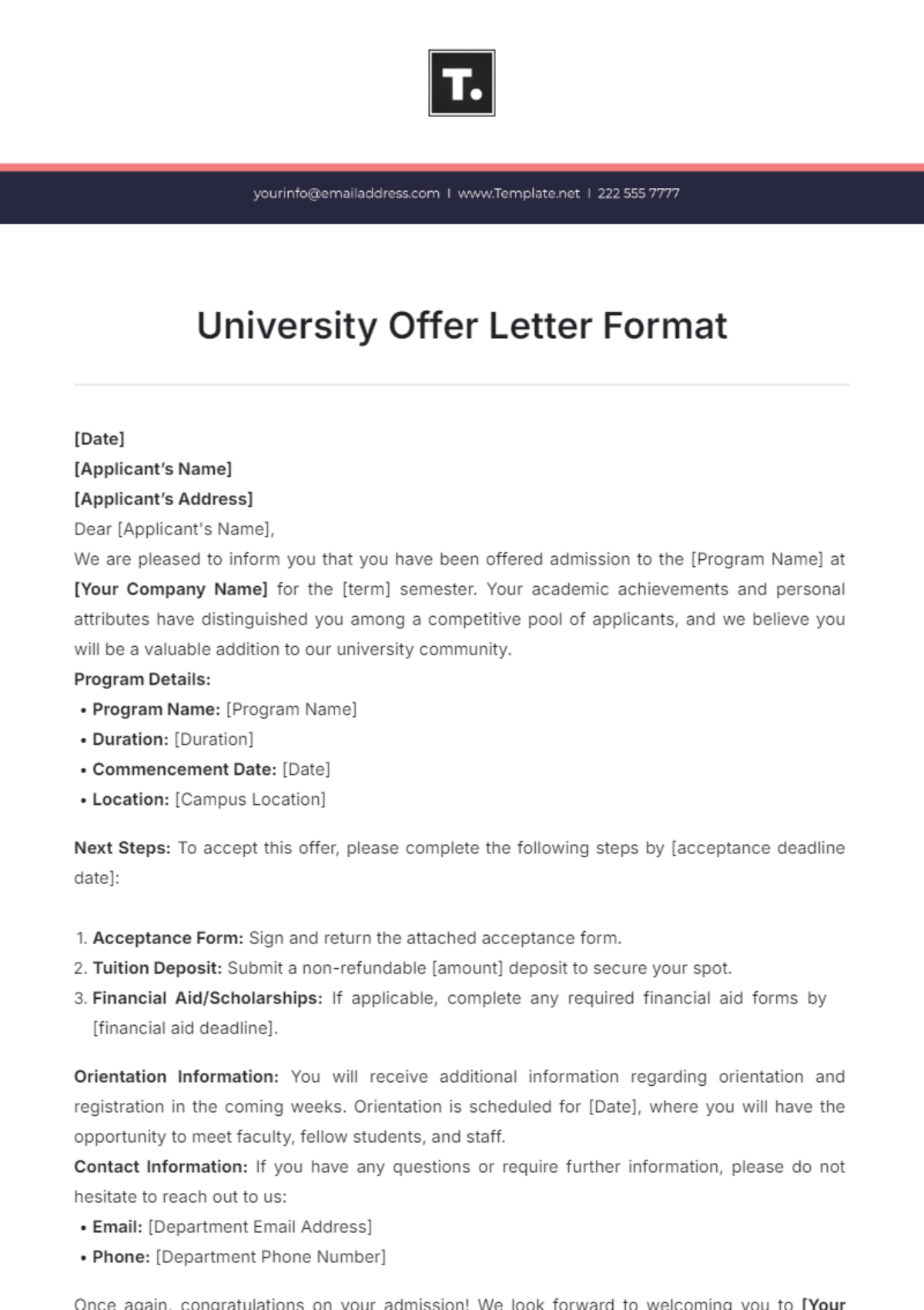 University Offer Letter Format Template - Edit Online & Download