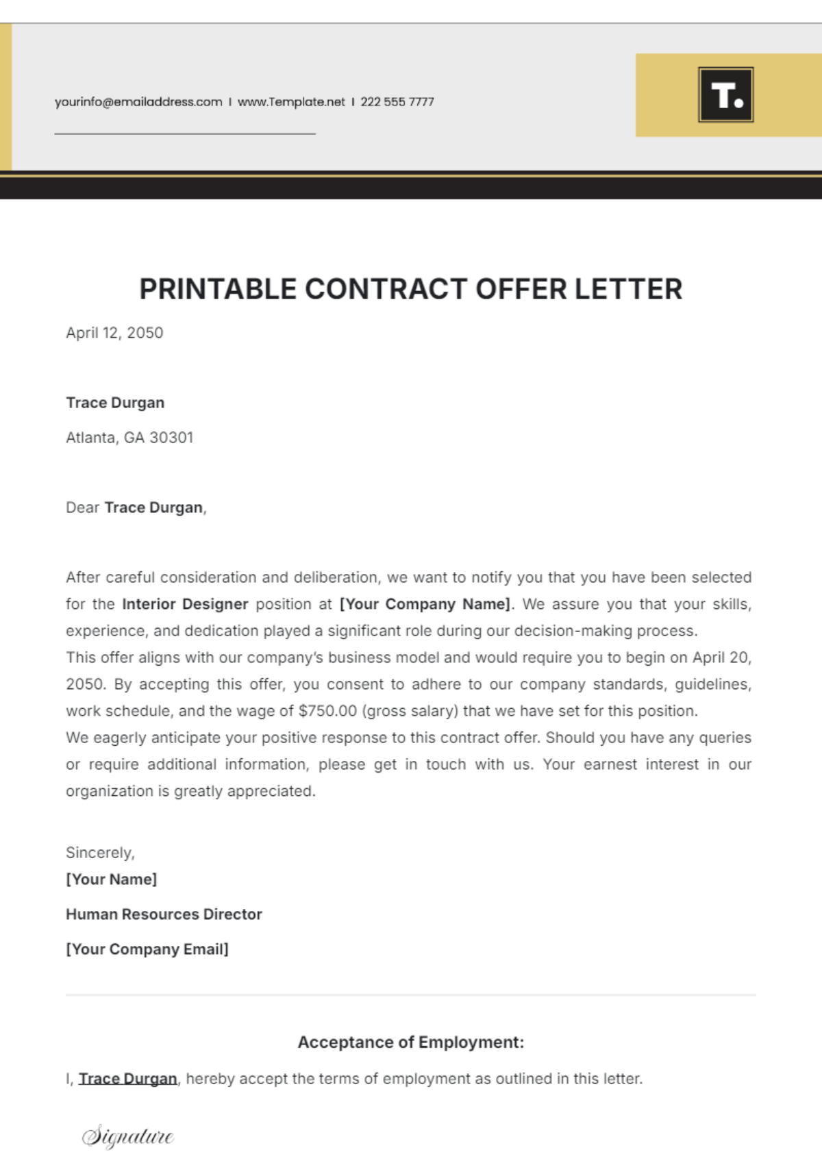 Printable Contract Offer Letter Template - Edit Online & Download