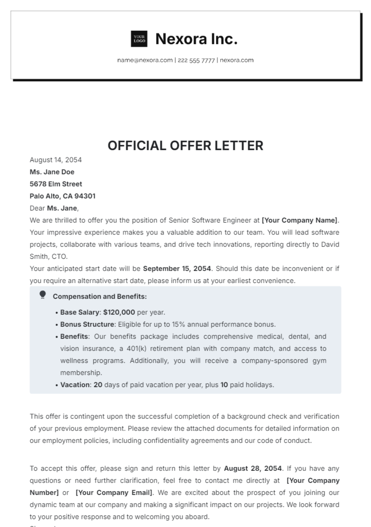 Official Offer Letter Template - Edit Online & Download