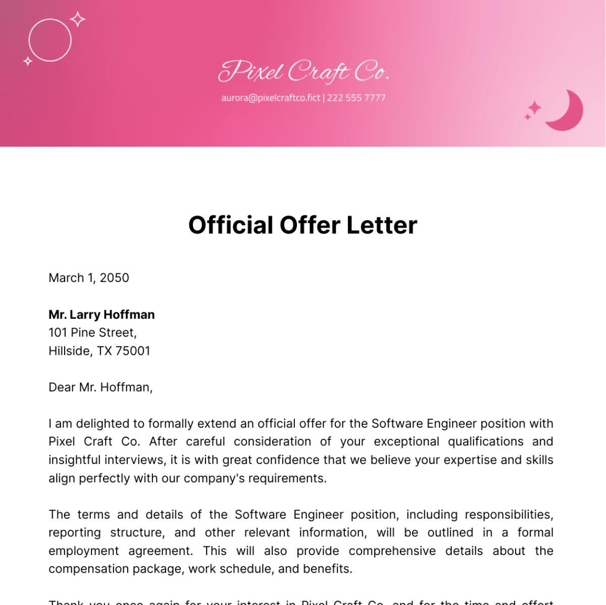 Official Offer Letter Template