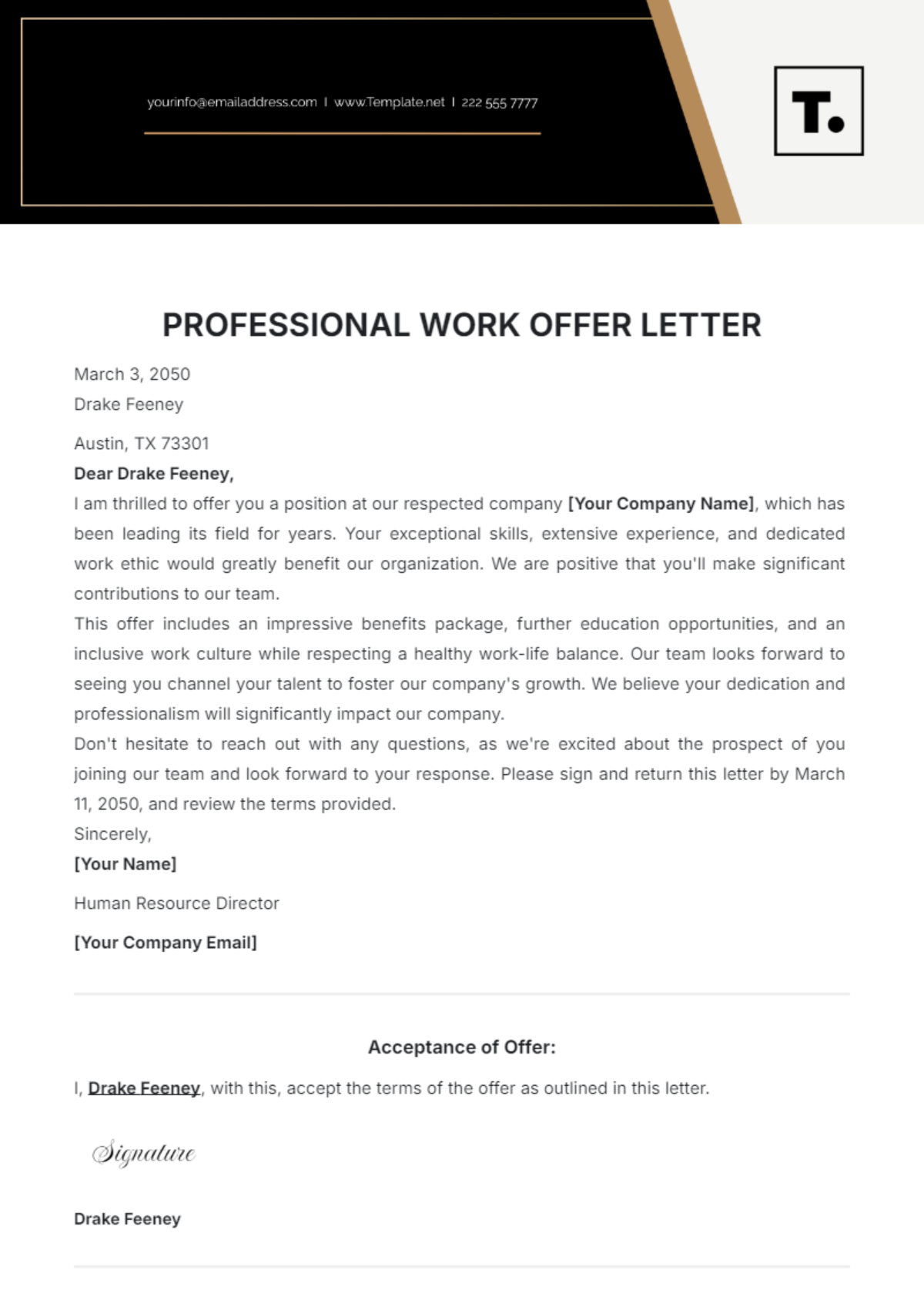 Professional Work Offer Letter Template - Edit Online & Download