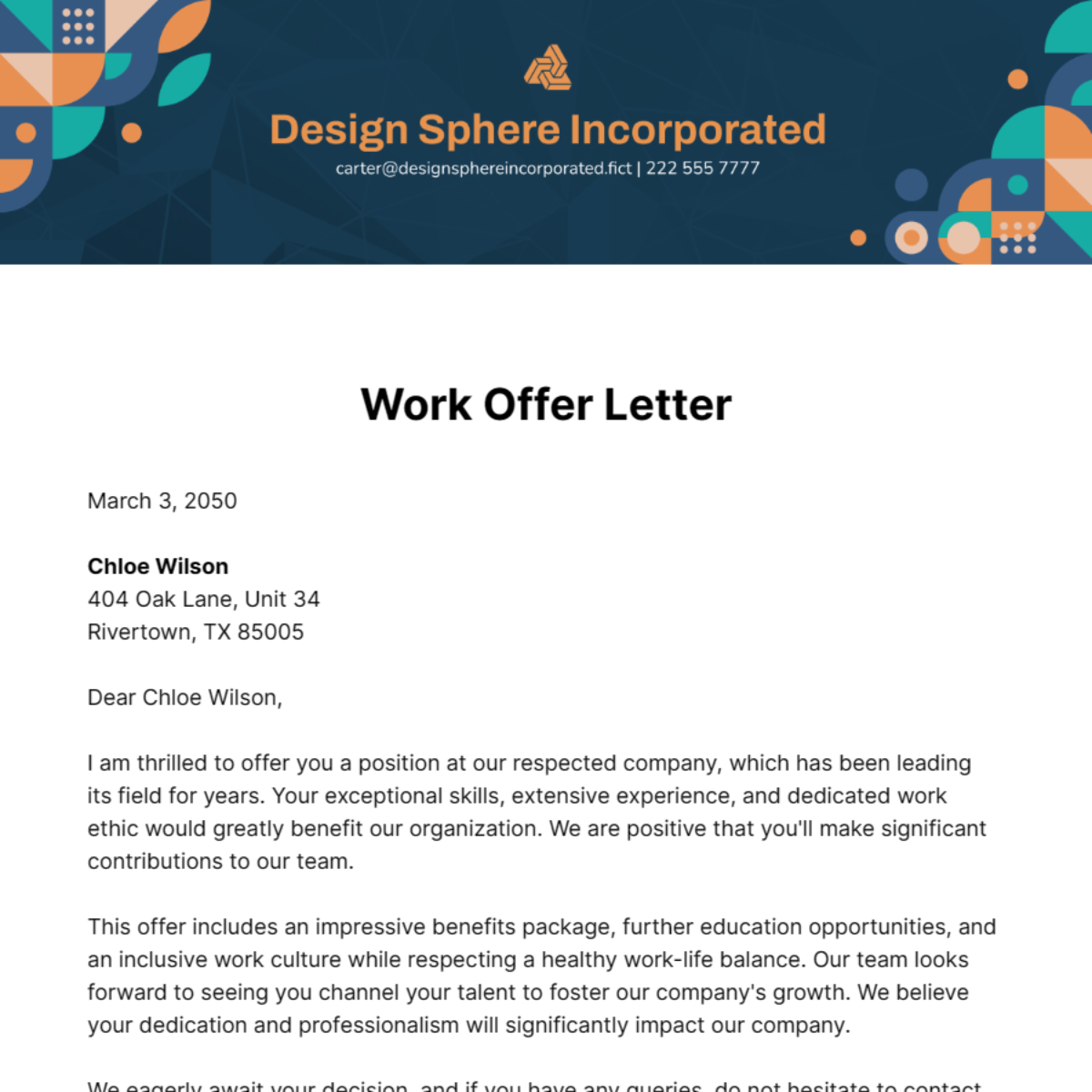 Work Offer Letter Template