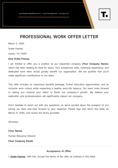 Free Professional Work Offer Letter Template to Edit Online