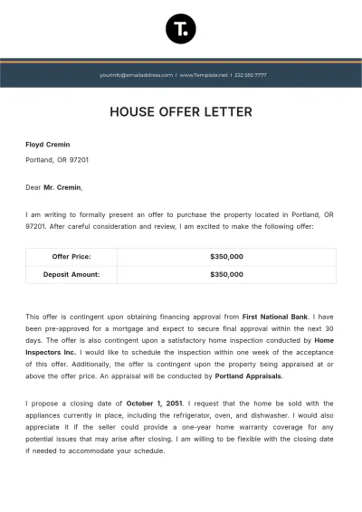 Free House Offer Letter Template to Edit Online