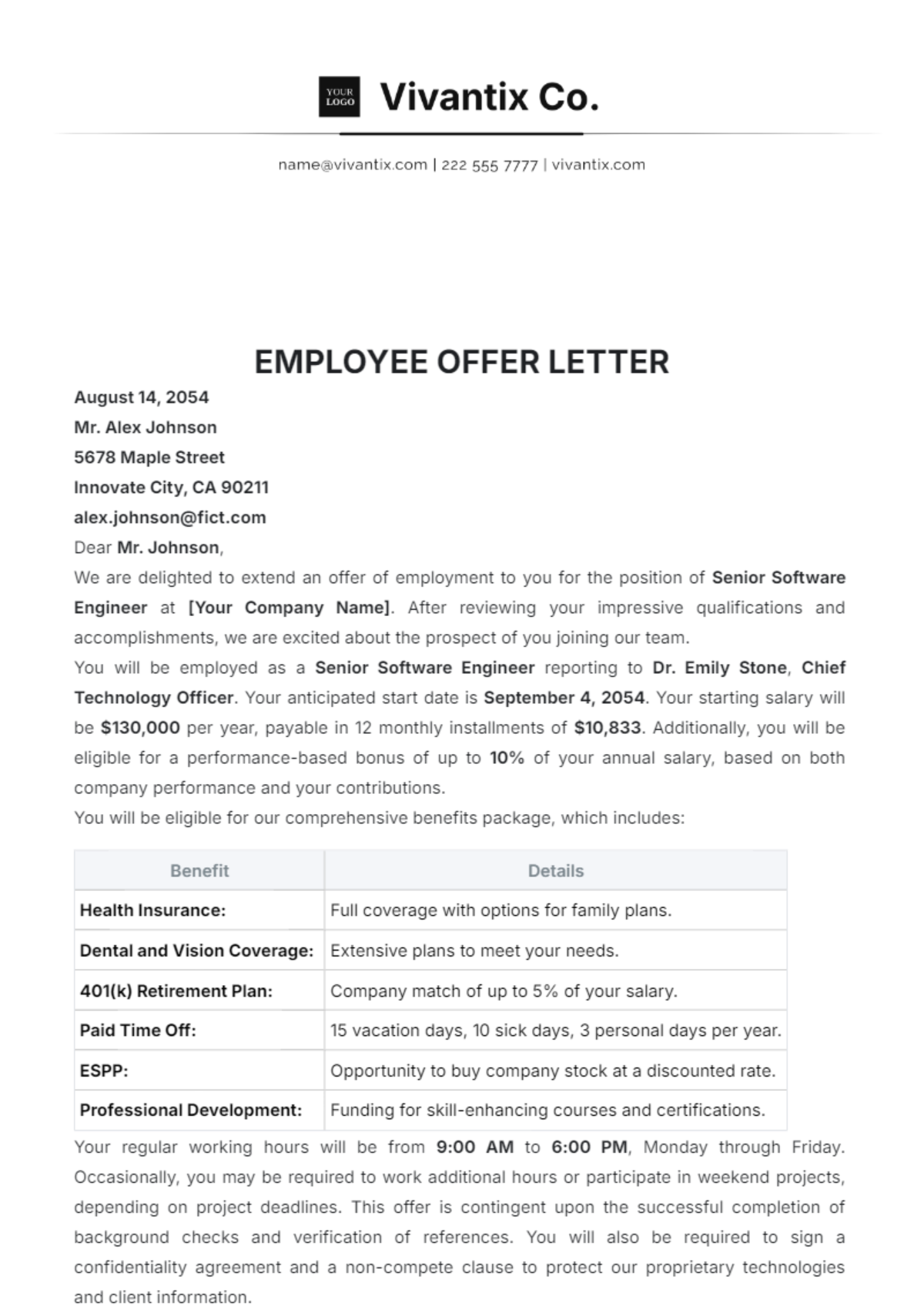 Employee Offer Letter Template - Edit Online & Download