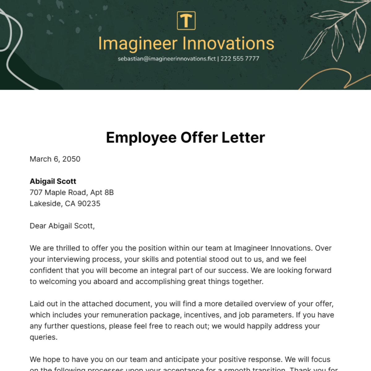Employee Offer Letter Template