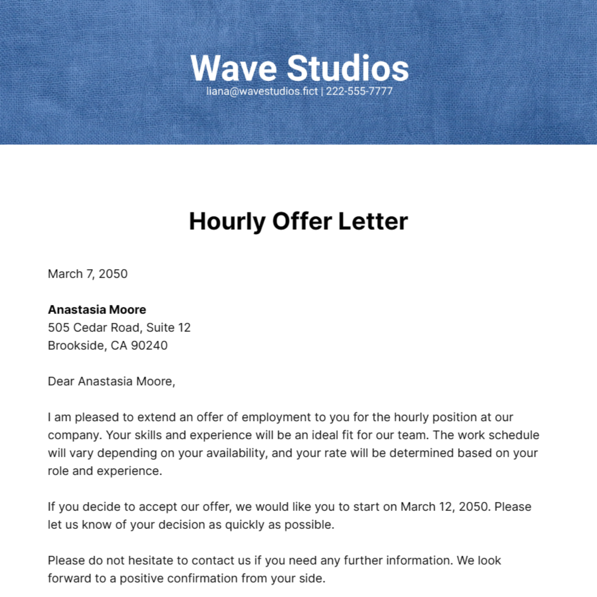 Hourly Offer Letter Template