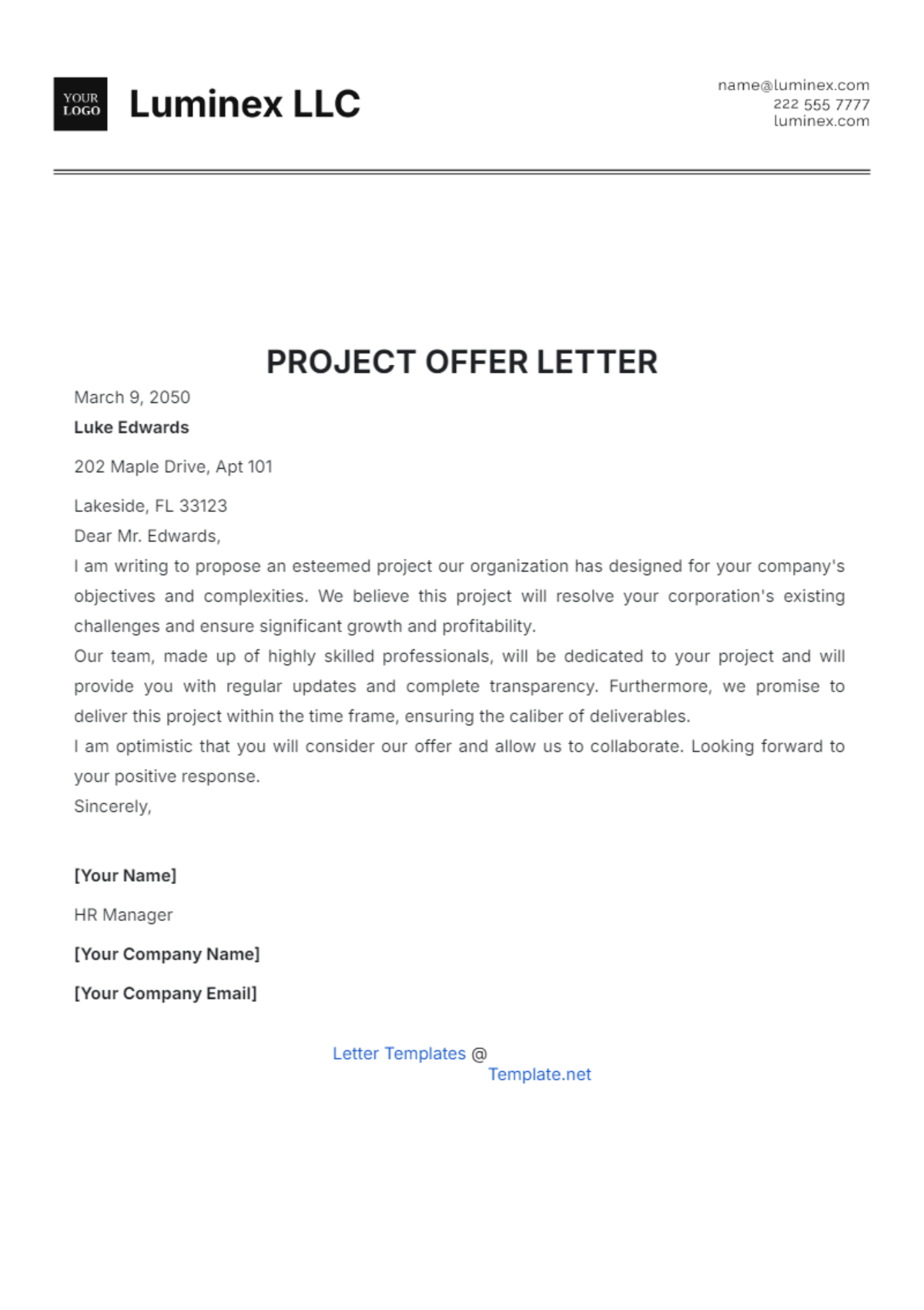 Project Offer Letter Template - Edit Online & Download