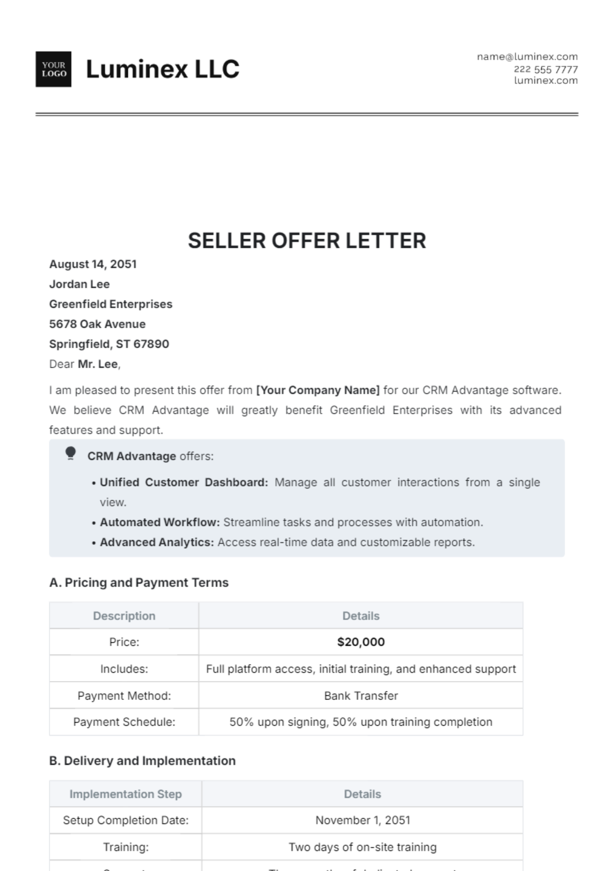 Seller Offer Letter Template - Edit Online & Download